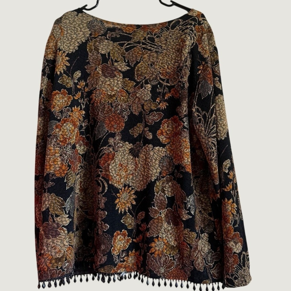 MSK Women Cardigan 2X Floral Tapestry Beaded Metallic Open Front Black Gold Y2K‎ - Picture 2 of 8